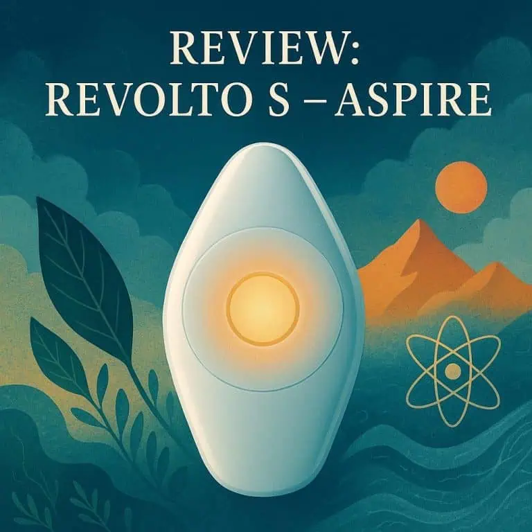 Revolto S Aspire vape device with scenic background.