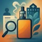 Vape device with health and research symbols in the background.