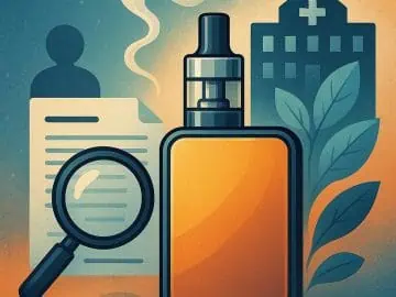Vape device with health and research symbols in the background.