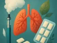 Vaping device with lungs and pills, symbolizing smoking cessation methods.
