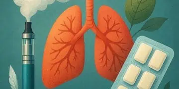 Vaping device with lungs and pills, symbolizing smoking cessation methods.