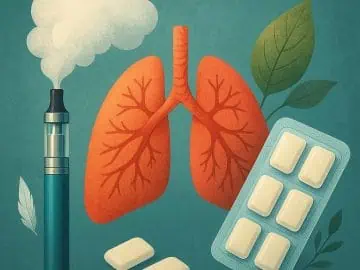 Vaping device with lungs and pills, symbolizing smoking cessation methods.