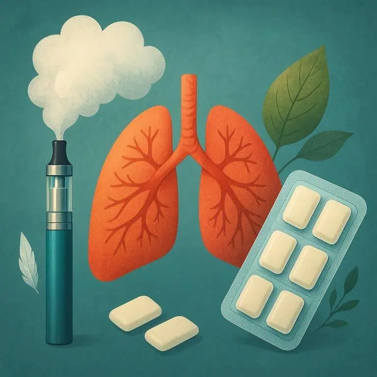 Vaping device with lungs and pills, symbolizing smoking cessation methods.