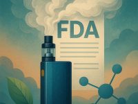 Vape device emitting vapor with FDA document in background.