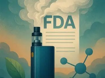 Vape device emitting vapor with FDA document in background.
