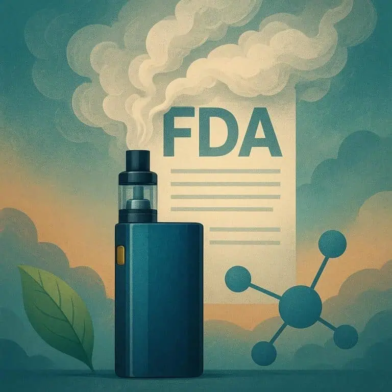 Vape device emitting vapor with FDA document in background.