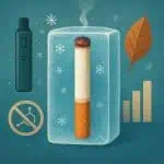 Vape device and cigarette inside a block of ice with snowflakes and a leaf.