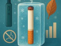 Vape device and cigarette inside a block of ice with snowflakes and a leaf.