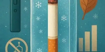 Vape device and cigarette inside a block of ice with snowflakes and a leaf.