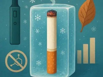 Vape device and cigarette inside a block of ice with snowflakes and a leaf.