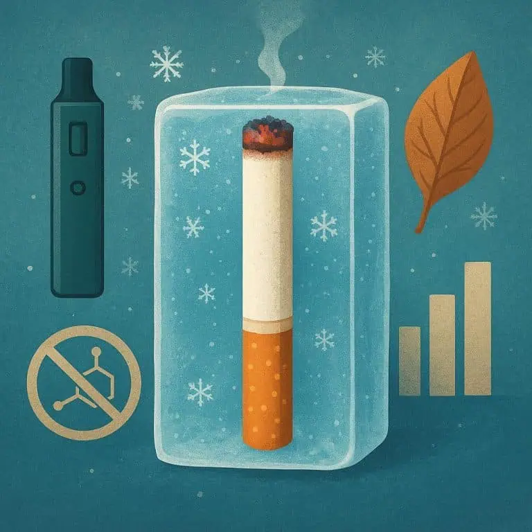 Vape device and cigarette inside a block of ice with snowflakes and a leaf.