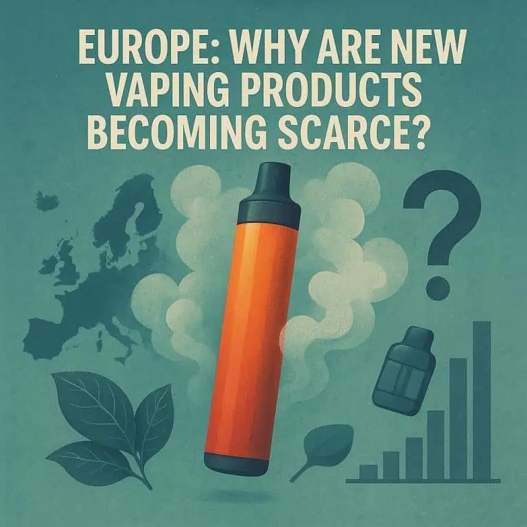 Vaping device with Europe map and declining product trend graph.